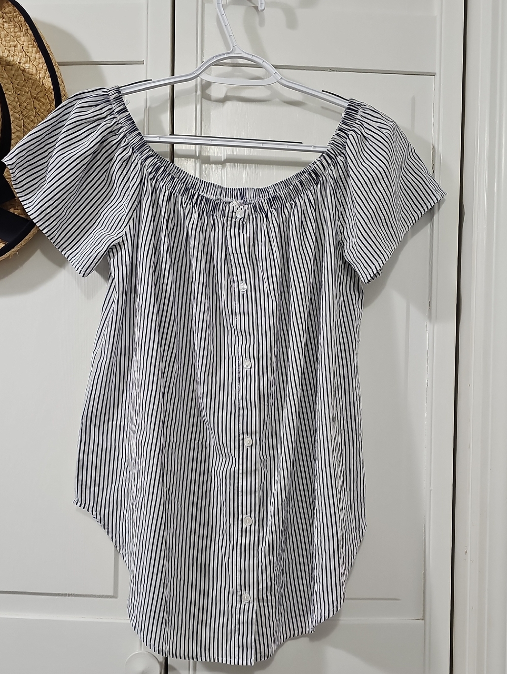 Striped Off-Shoulder Button-Front Blouse in Navy and White 100% Cotton.